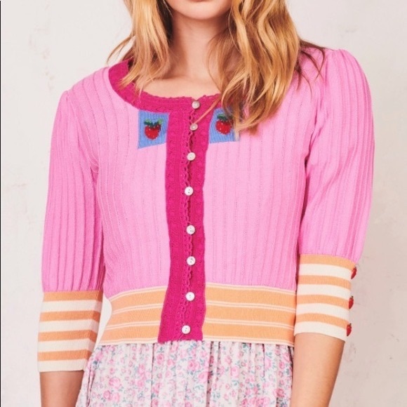 New LoveShackFancy Benny Crochet-trimmed Pima Intarsia Cardigan Size M